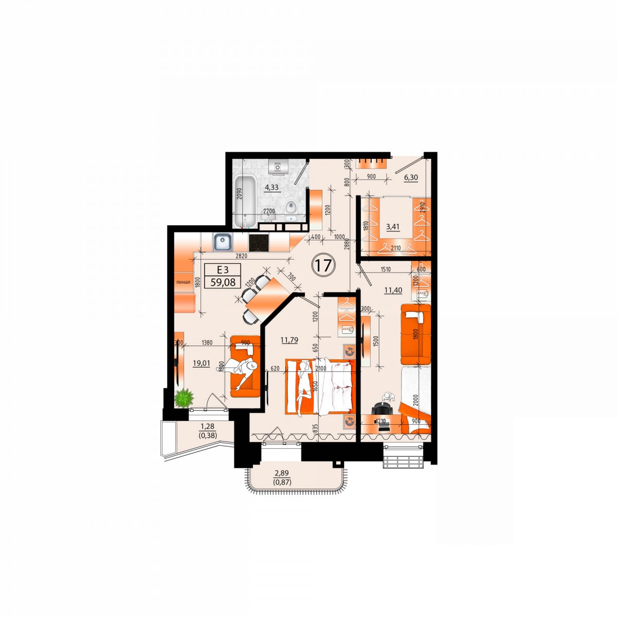 3-комнатная, 59 м², № 17 в Sunrise (Санрайс)