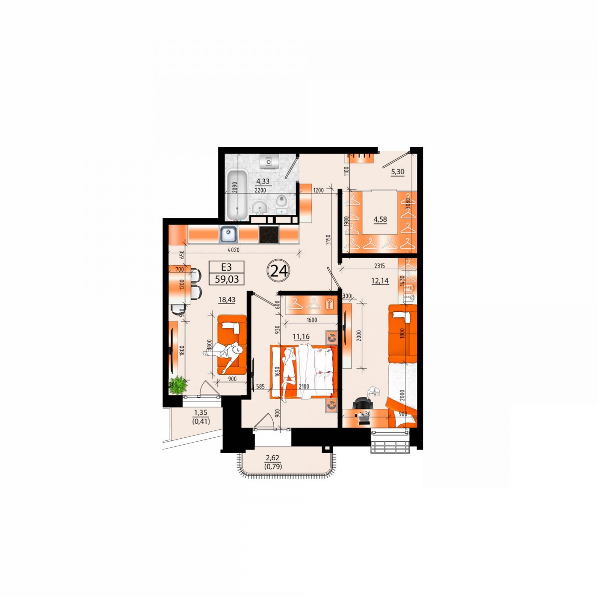 3-комнатная, 59 м², № 24 в Sunrise (Санрайс)