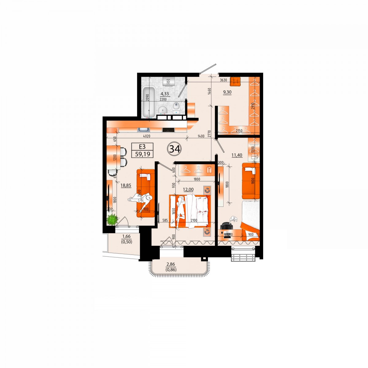 3-комнатная, 59 м², № 34 в Sunrise (Санрайс)